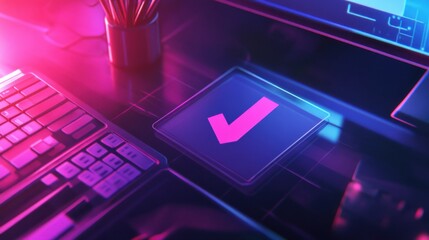 Poster - Digital workspace graphic design success checkmark icon close-up illustration