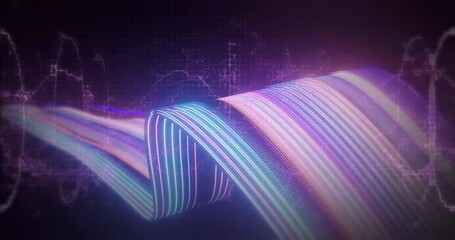 Poster - Forming abstract patterns, colorful light waves creating animation over digital grid