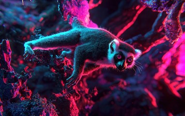 Poster - A vibrant digital artwork depicts a lemur in motion, rendered with a pointillist effect, against a backdrop of glowing pink and blue organic shapes. The image features contrasting colors and dynamic