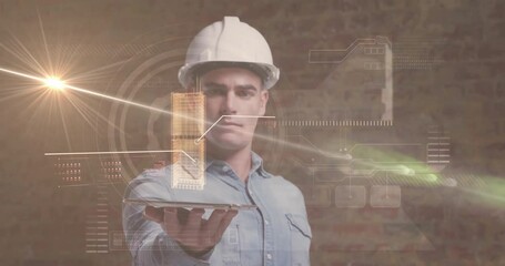 Poster - Holding digital building model, construction worker using animation interface on site