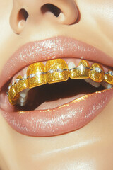 Aufkleber - A captivating and detailed close-up of a woman with luxurious gold braces smiling broadly,