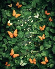 Poster - A tranquil, surreal scene of musical notes gracefully morphing into birds and butterflies amidst
