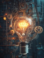 Poster - machine idea concept illustration light bulb and wires with wheels and gears generative ai