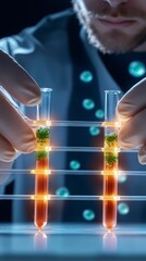 Poster - Young lab technician explores gene editing techniques in a futuristic research environment