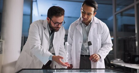 Leinwandbilder - Scientist, people and meeting with touchscreen display for review, medical research or innovation. Night, interactive computer and clinical analysis for studying science data, teamwork and results