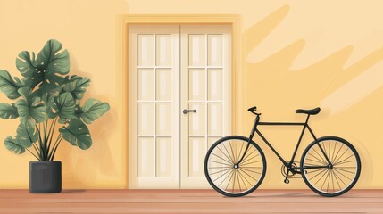 Poster - Minimalist interior with plant and bicycle illustration