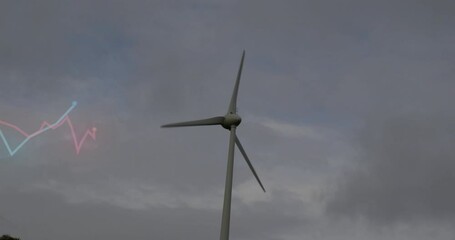 Poster - Wind turbine spinning against cloudy sky with graph animation overlay