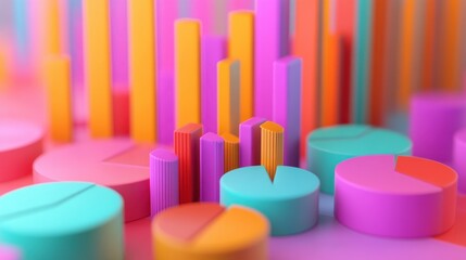 Poster - Vibrant 3D pie charts and bar graphs representing data analysis and business insights.