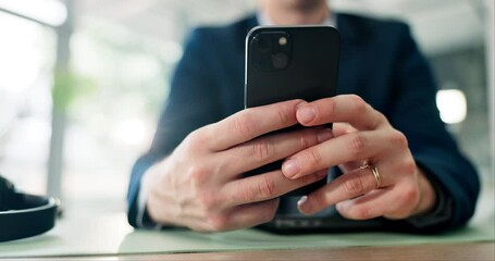 Poster - Business man, hands or scroll with phone in office for online database search or check research information. Call center agent, closeup or smartphone for text message, checking notifications or break