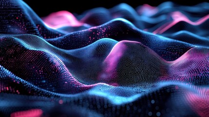 Poster - futuristic abstract background featuring glowing blue and pink digital waves made of dots, represent