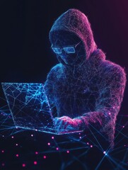 Poster - Abstract polygonal hacker with laptop on technology dark background.