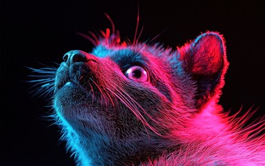 Poster - Close-up of a cat's head illuminated with vibrant pink and blue neon light, creating a sparkling effect on its fur against a black background
