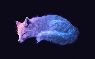 Poster - A stylized digital illustration of a sleeping fox, rendered in shades of blue and pink, against a black background. The image uses a particle effect, creating a dreamy, ethereal atmosphere