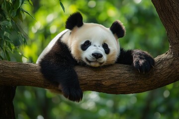 Poster - Sleepy panda resting on a tree branch in a lush green habitat during daylight hours