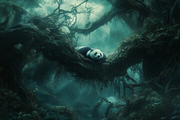 Poster - Panda resting on a moss-covered branch in a lush forest during twilight