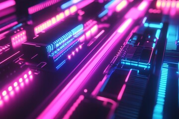 Poster - Vibrant neon circuit board design showcasing intricate electronic pathways in a futuristic style