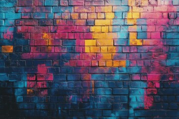 Poster - Colorful graffiti wall in urban setting showcasing vibrant blue, pink, and yellow hues