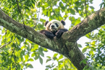 Poster - Panda relaxing on a tree branch in a lush green forest during a sunny day