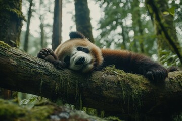 Aufkleber - Panda resting on a moss-covered log in a lush forest during a tranquil afternoon