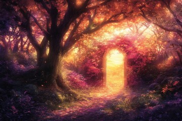 Aufkleber - Enchanting landscape depicting a magical doorway in a vibrant autumn forest at sunset