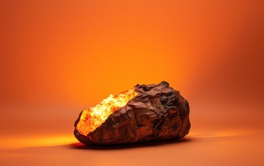 Poster - Glowing orange rock with internal light source on orange background.  The rock is irregularly shaped and appears to be metallic or stone. The light is intense and warm