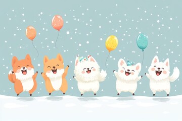 Aufkleber - Group of cheerful animated dogs celebrating with colorful balloons in a snowy winter environment