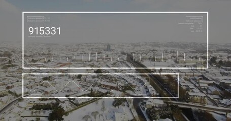 Poster - Data processing animation overlaying snow-covered cityscape in urban environment