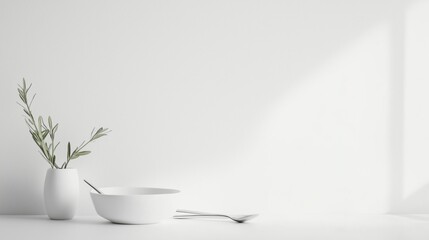 Poster - Minimalist White Studio Setup with Clean Bowl and Olive Branch