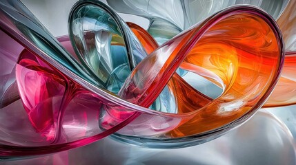 Poster - Abstract image featuring interwoven translucent forms in shades of pink, orange, teal, and gray. The forms are glossy and reflect light, creating a dynamic and vibrant composition