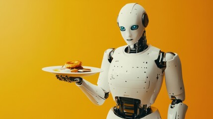 Poster - A white humanoid robot holds a plate of food with a spoon, isolated on an orange background. illustration