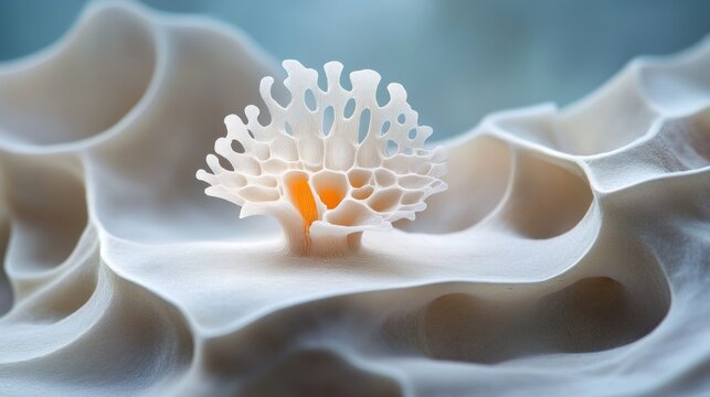 Intricate, delicate, off-white organic structure resembling coral or bone, detailed texture, soft lighting