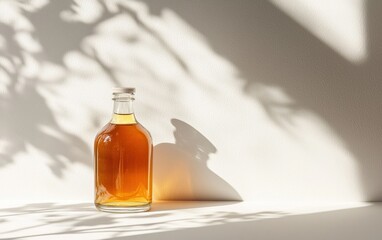 Poster - Amber liquid in a clear glass bottle sits on a white surface, backlit by sunlight casting shadows of leaves on a textured wall
