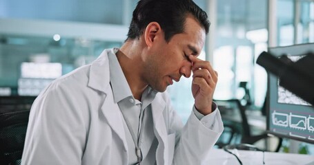 Fototapete - Laboratory, science and man with headache on computer for research, medical study and microscope for sample. Healthcare, pharmaceutical and scientist with fatigue, burnout and stress for mistake
