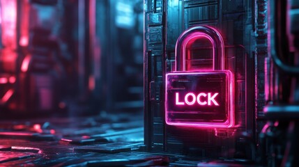 Poster - A glowing neon padlock with the word 'LOCK' on a futuristic background.