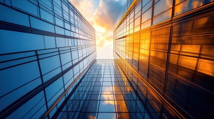 Poster - A low angle view of a glass skyscraper reflecting the sky, showcasing the intricate grid pattern and the interplay of light and shadow. illustration