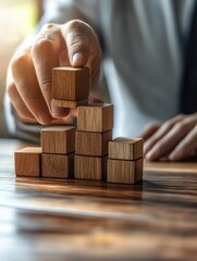 Poster - A businessman is trying to build with wooden blocks on a wooden table, with the background blurred, representing the concept of a business organization or startup