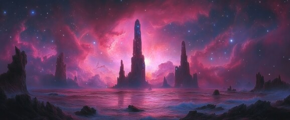 Wall Mural - Alien towers on a pink planet, starry sky, ocean reflections