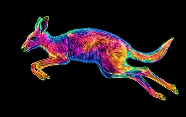 Poster - Vibrant rainbow colored kangaroo leaping against a black background.  The image is digitally enhanced, showcasing a dynamic and energetic pose