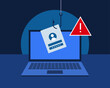 © Rainer Jagmann - Social engineering, phishing or stealing of private data, private information or password. Cybercrime phishing alert. Laptop with phishing hook, user field and red warning sign. Vector illustration.