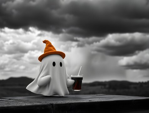 A classic black and white image of a cute ghost with an orange hat and a hot 