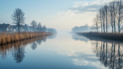 Wall Mural - calm canal reflecting a misty winter morning sky. bare trees line the banks