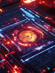 Poster - A sleek biometric security interface scanning a fingerprint, with glowing holographic elements