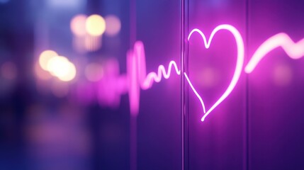 Poster - Closeup shot of a glowing purple neon heartbeat sign with a blurred background, light, abstract, light, abstract, design, minimalist