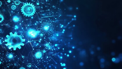 Fototapete - Abstract Blue Digital Network Background with Glowing Gears