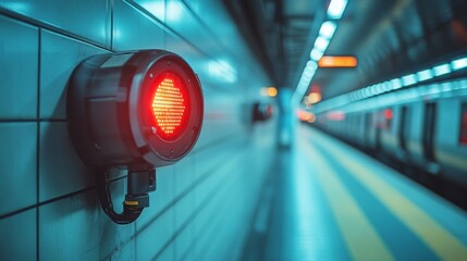 Leinwandbilder - A red light signal illuminates the wall at an underground station, emphasizing transport safety while passengers wait on the platform for their train.