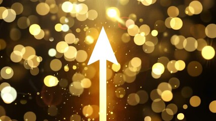 Poster - Bright golden arrow pointing upward amidst shimmering bokeh lights, creating abstract background of positivity, sparkle, and celebration.