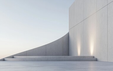 Poster - Abstract architectural rendering of a minimalist structure with curved walls, textured surfaces, and subtle lighting. The scene evokes a serene and modern atmosphere