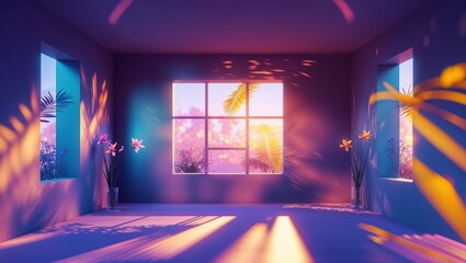 Poster - light filters through colorful windows in a serene room adorned with plants during a vibrant sunset