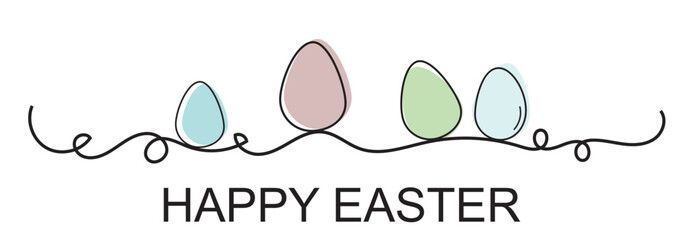 Aufkleber - One line drawing. Abstract decorative horizontal divider with easter color eggs. Beautiful hand drawn easter eggs. Happy easter text. Border design element. Vector stock illustration