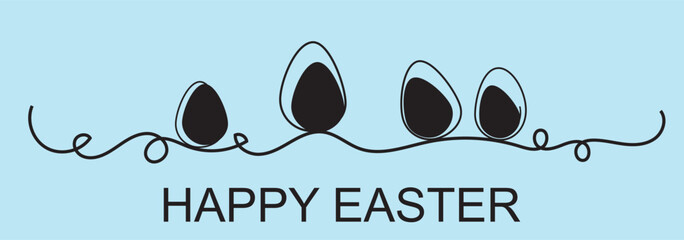 Aufkleber - One line drawing. Abstract decorative horizontal divider with easter color eggs. Beautiful hand drawn easter eggs. Happy easter text. Border design element. Vector stock illustration